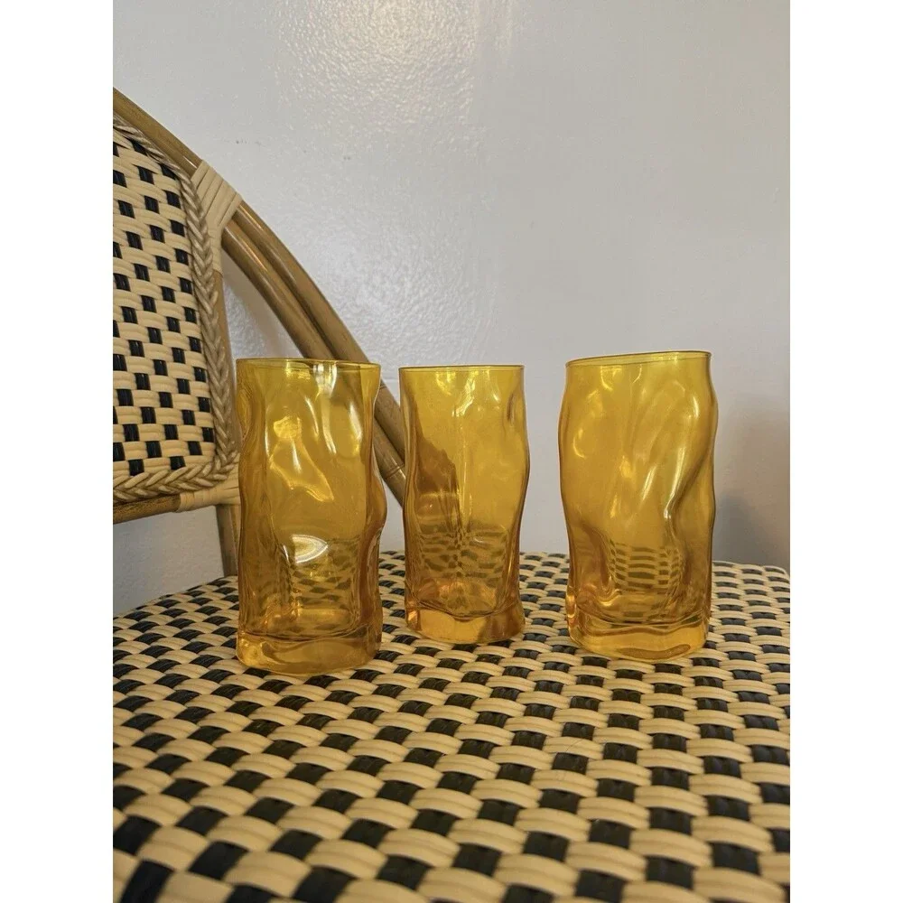 Vintage Bormioli Rocco Sorgente Yellow Drinking Glass Set (3) 6” Tumbler